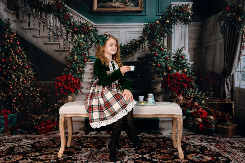 Kate Christmas White Green Staircase Backdrop+Vintage Floral Marble Floor Backdrop - Image 4