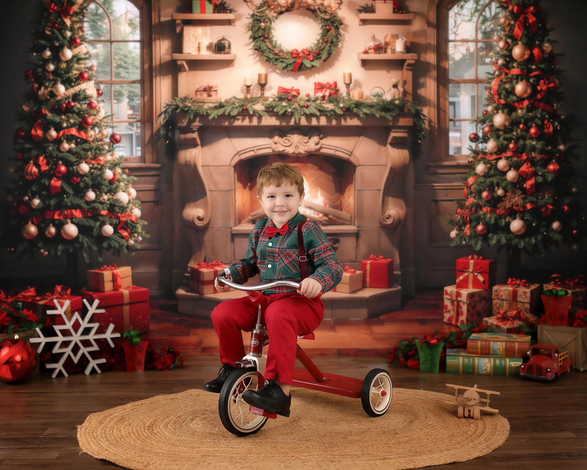 Kate Christmas White Marble Fireplace Backdrop+Orange Brown Herringbone Wooden Floor Backdrop - Image 2