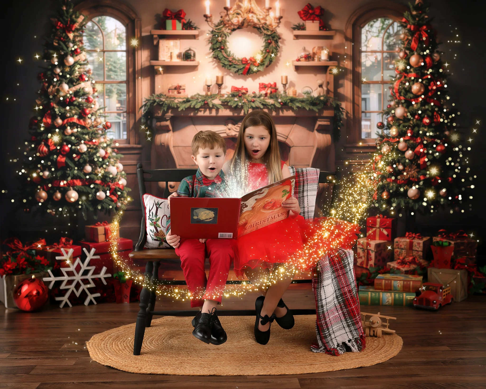 Kate Christmas White Marble Fireplace Backdrop+Orange Brown Herringbone Wooden Floor Backdrop - Image 3