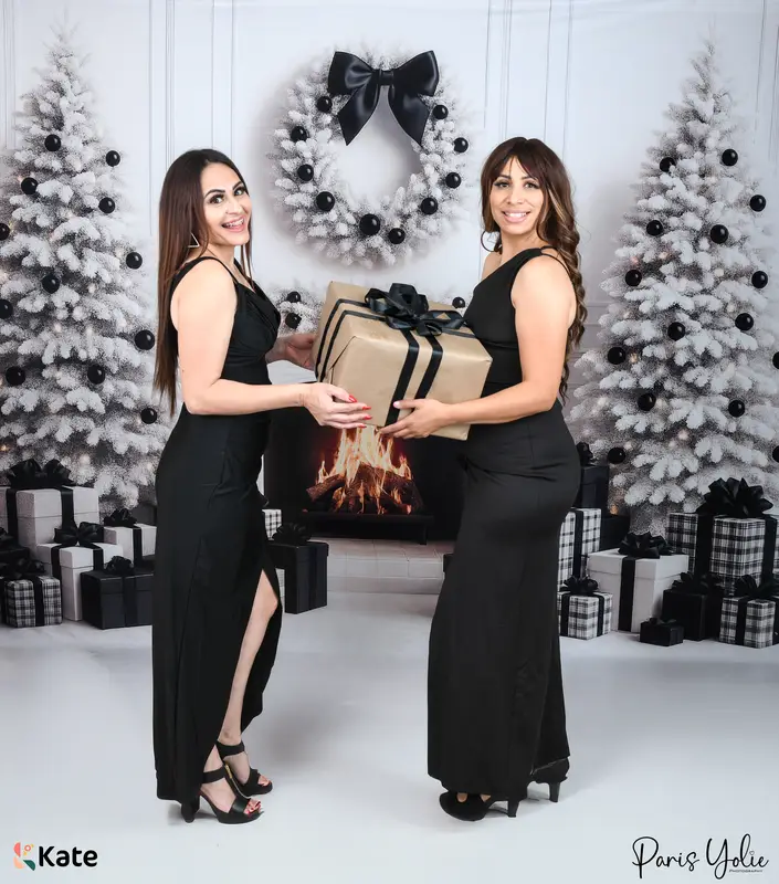 Kate Christmas White Trees Fireplace Black Presents Backdrop Designed by Ashley Paul - Image 2
