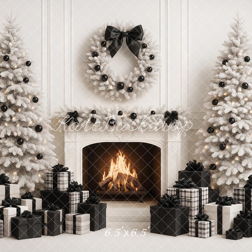 Kate Christmas White Trees Fireplace Black Presents Backdrop Designed by Ashley Paul - Image 4