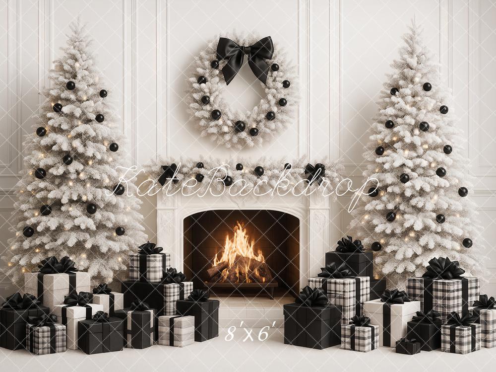 Kate Christmas White Trees Fireplace Black Presents Backdrop Designed by Ashley Paul - Image 5