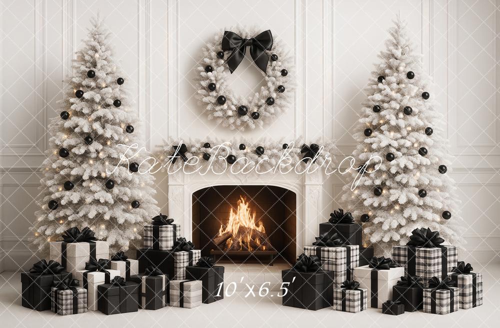 Kate Christmas White Trees Fireplace Black Presents Backdrop Designed by Ashley Paul - Image 6