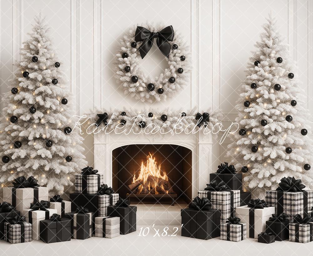 Kate Christmas White Trees Fireplace Black Presents Backdrop Designed by Ashley Paul - Image 8
