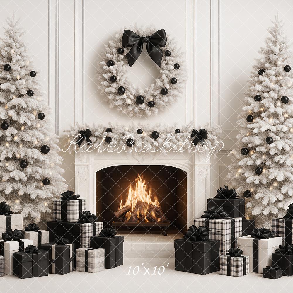 Kate Christmas White Trees Fireplace Black Presents Backdrop Designed by Ashley Paul - Image 9