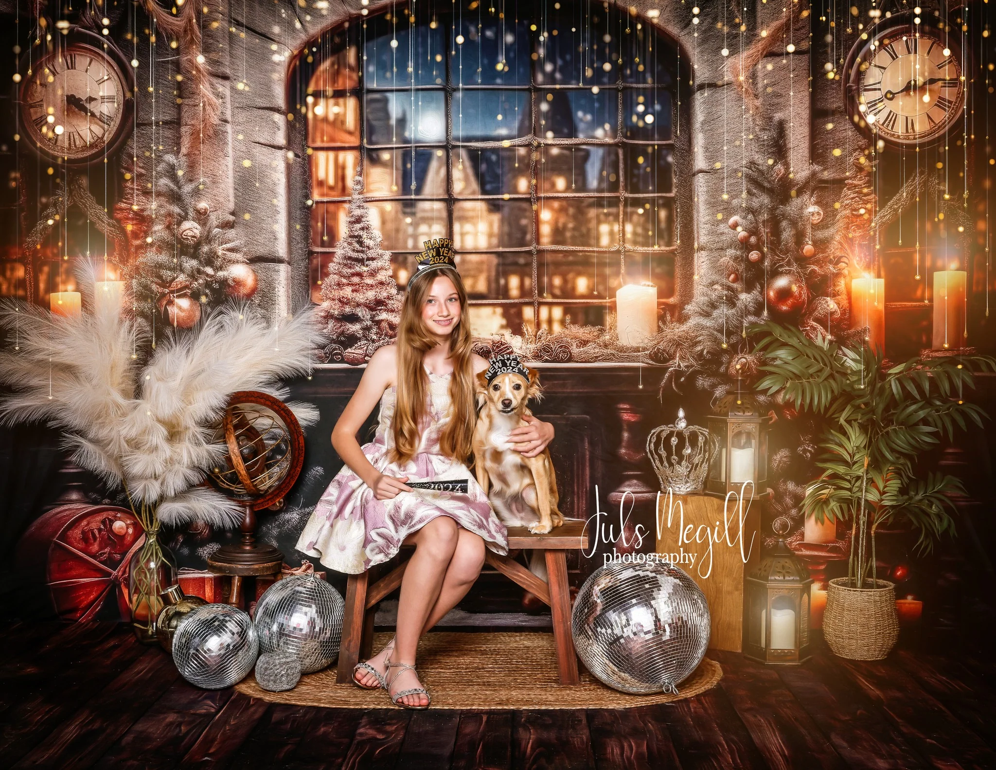 Kate Christmas Tree Window Clock Night Eve Backdrop for Photography - Image 3