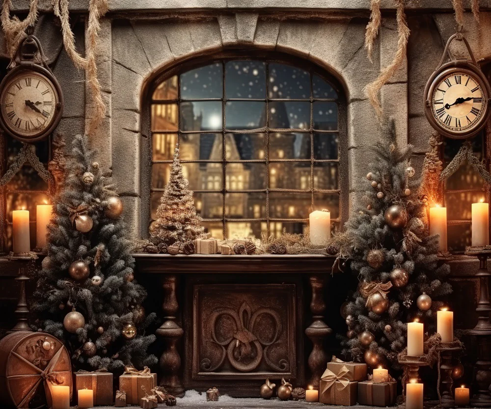 Kate Christmas Tree Window Clock Night Eve Backdrop for Photography - Image 8
