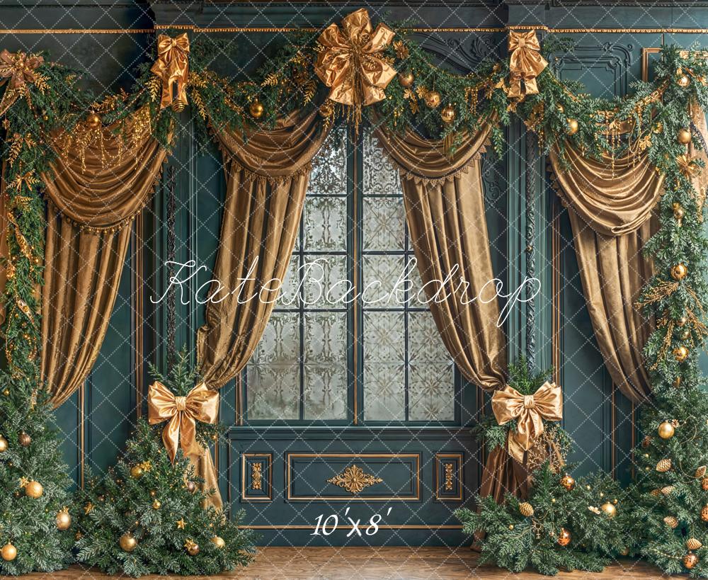 Kate Christmas Window Gold Drapes Garland Fleece Backdrop Designed by Emetselch - Image 3
