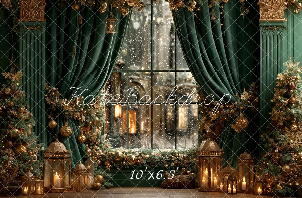 Kate Christmas Window Green Curtains Fleece Backdrop Designed by Emetselch - Image 2