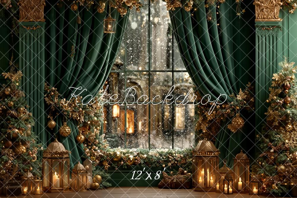 Kate Christmas Window Green Curtains Fleece Backdrop Designed by Emetselch - Image 4