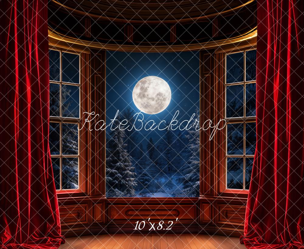 Kate Christmas Window Moon Red Curtains Fleece Backdrop Designed by Emetselch - Image 3