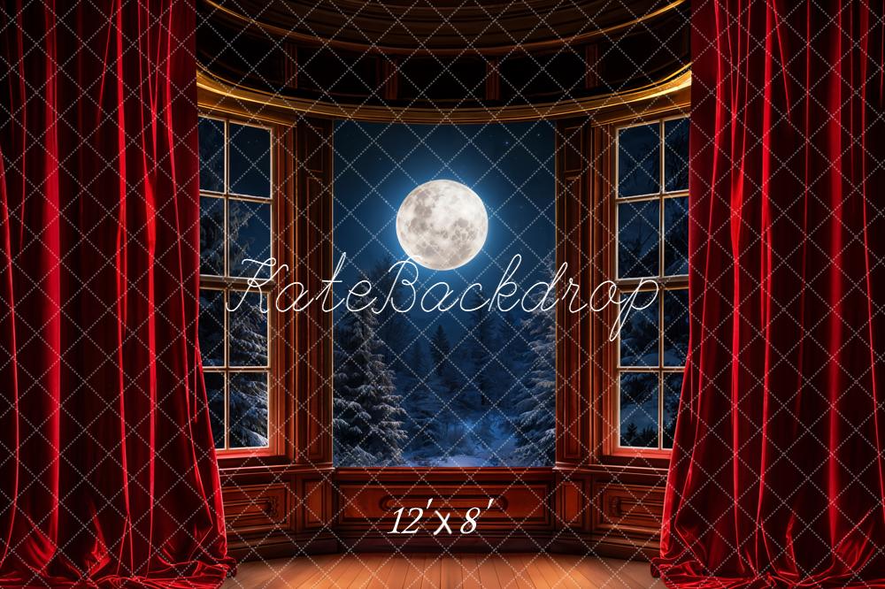 Kate Christmas Window Moon Red Curtains Fleece Backdrop Designed by Emetselch - Image 4