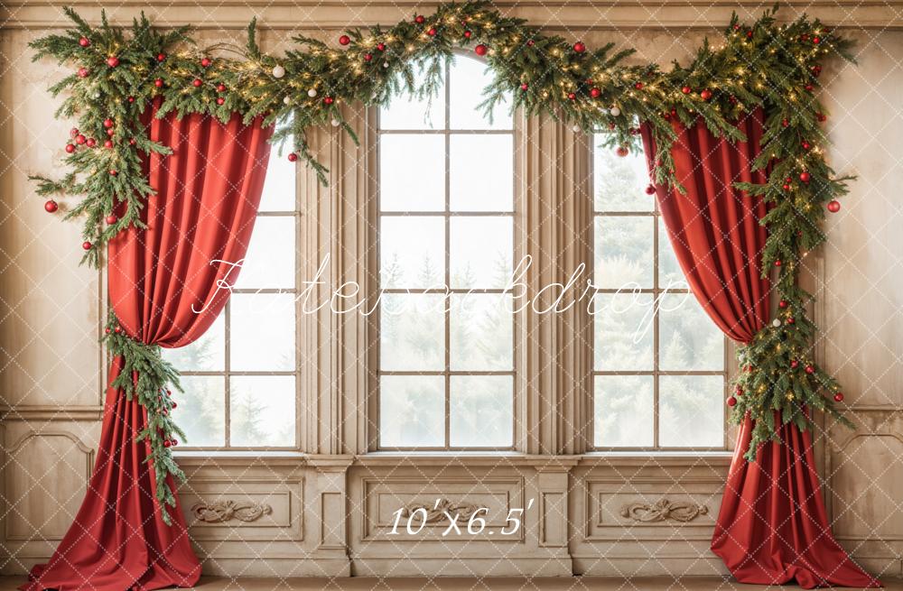 Kate Christmas Window Red Curtains Backdrop Designed by Emetselch - Image 2