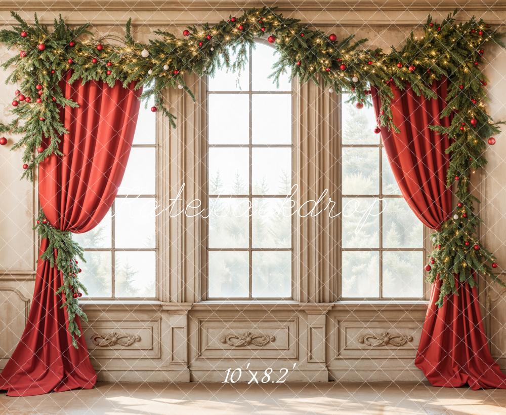 Kate Christmas Window Red Curtains Backdrop Designed by Emetselch - Image 5