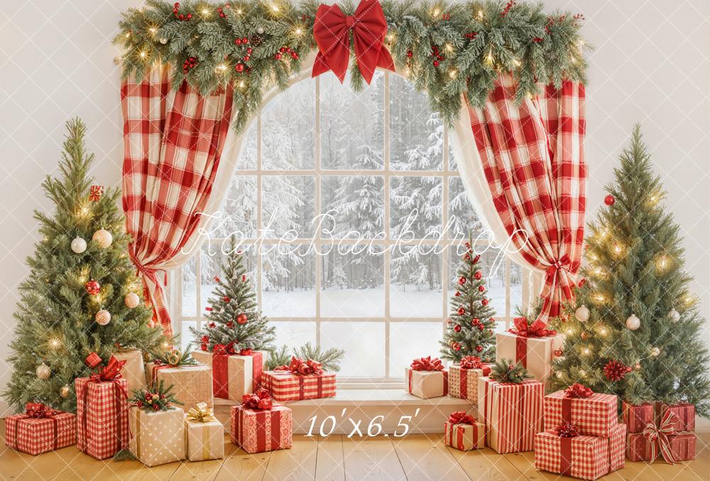 Kate Christmas Window Red Curtains Presents Fleece Backdrop Designed by Emetselch - Image 2