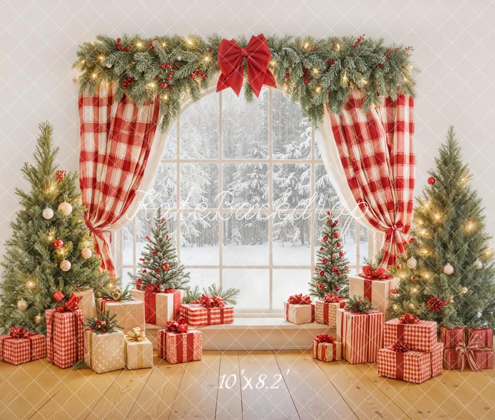 Kate Christmas Window Red Curtains Presents Fleece Backdrop Designed by Emetselch - Image 3