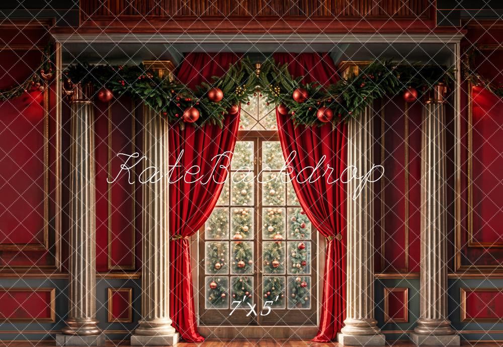 Kate Christmas Window Red Retro Wall Backdrop Designed by Chain Photography - Image 2