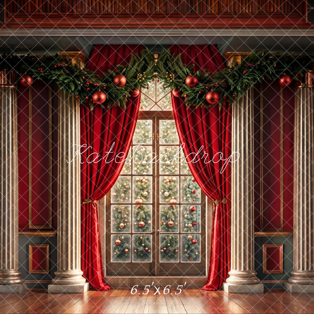 Kate Christmas Window Red Retro Wall Backdrop Designed by Chain Photography - Image 3