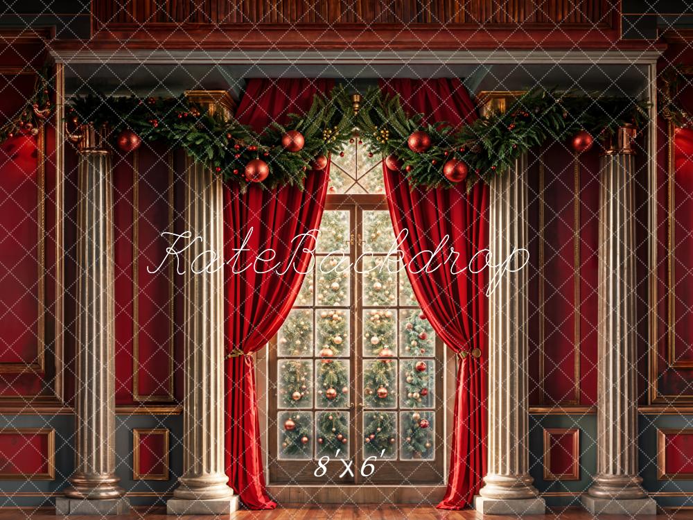 Kate Christmas Window Red Retro Wall Backdrop Designed by Chain Photography - Image 4