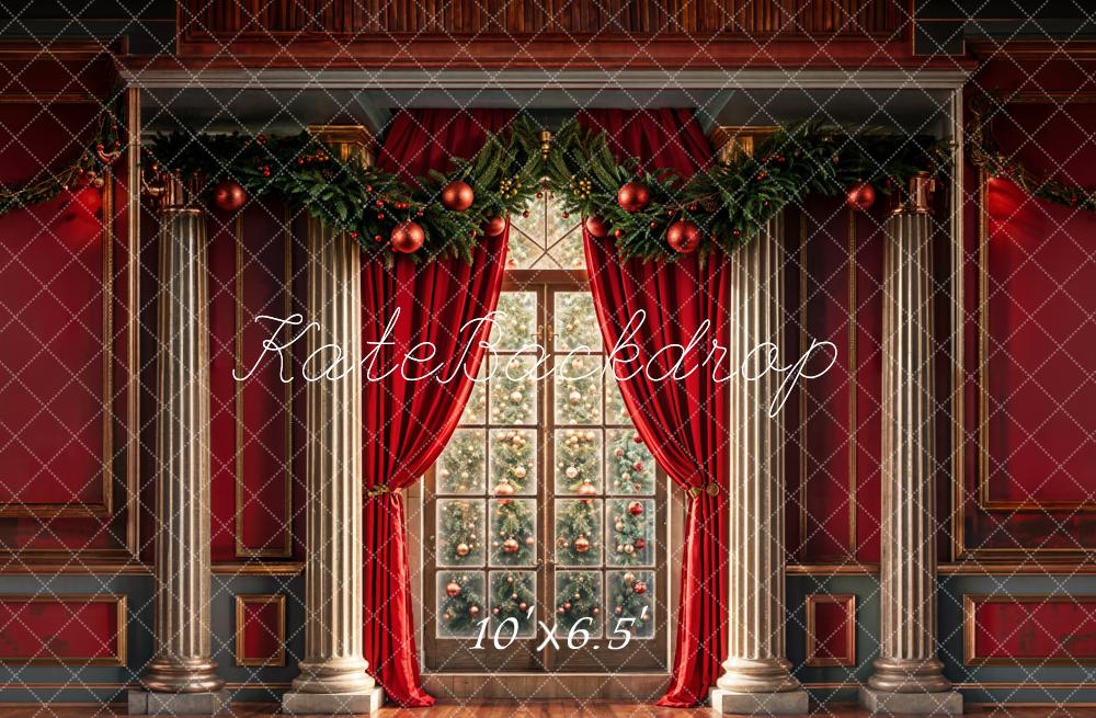 Kate Christmas Window Red Retro Wall Backdrop Designed by Chain Photography - Image 5