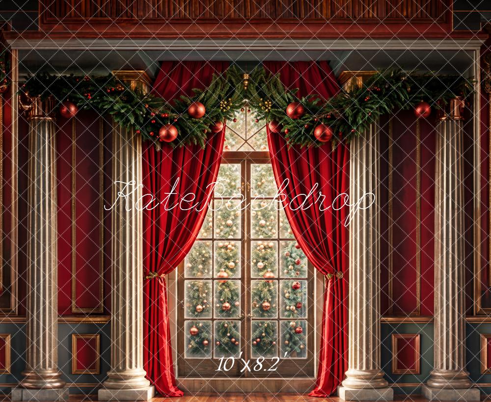 Kate Christmas Window Red Retro Wall Backdrop Designed by Chain Photography - Image 6