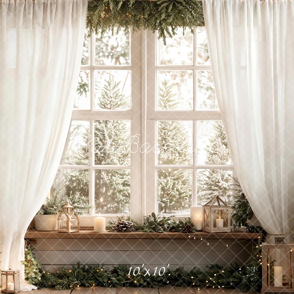Kate Christmas Window Trees Candles White Curtains Backdrop Designed by Emetselch - Image 7