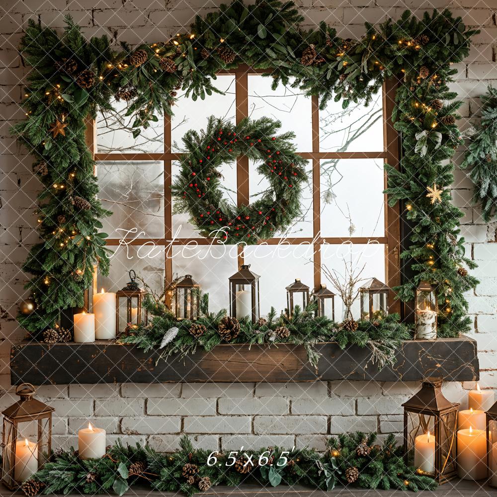 Kate Christmas Window White Brick Wall Backdrop Designed by Emetselch - Image 2