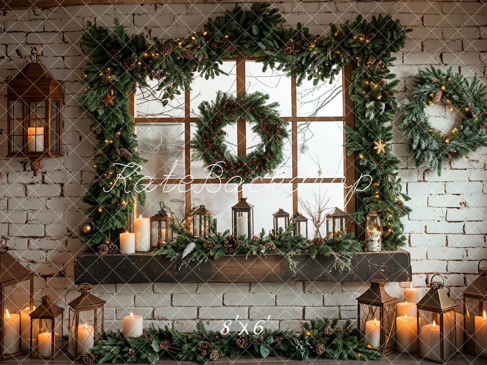 Kate Christmas Window White Brick Wall Backdrop Designed by Emetselch - Image 3