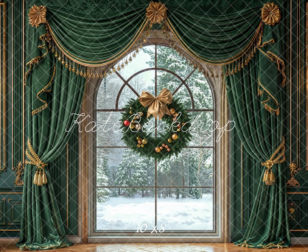 Kate Christmas Window Wreath Green Curtains Fleece Backdrop Designed by Emetselch - Image 3