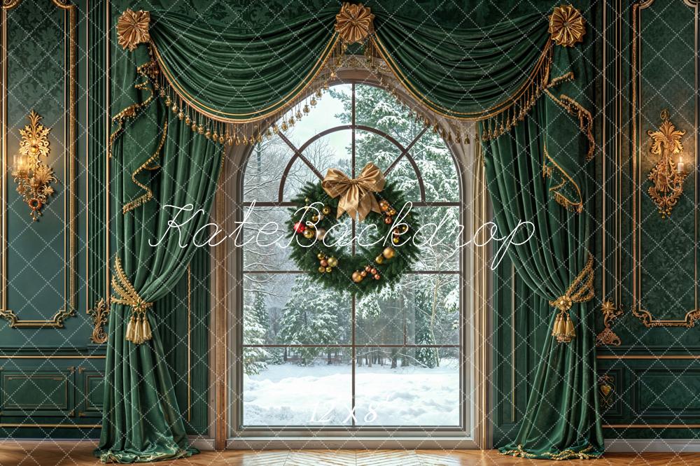 Kate Christmas Window Wreath Green Curtains Fleece Backdrop Designed by Emetselch - Image 4