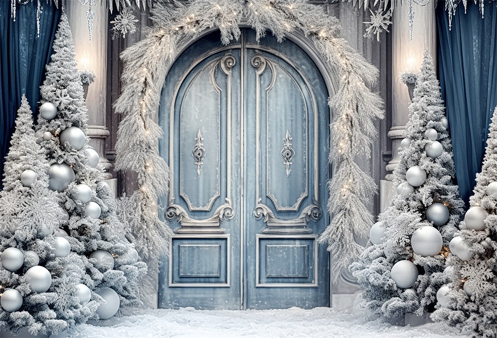 Kate Christmas Winter Frosted World Tree Blue Door Backdrop for Photography - Image 2