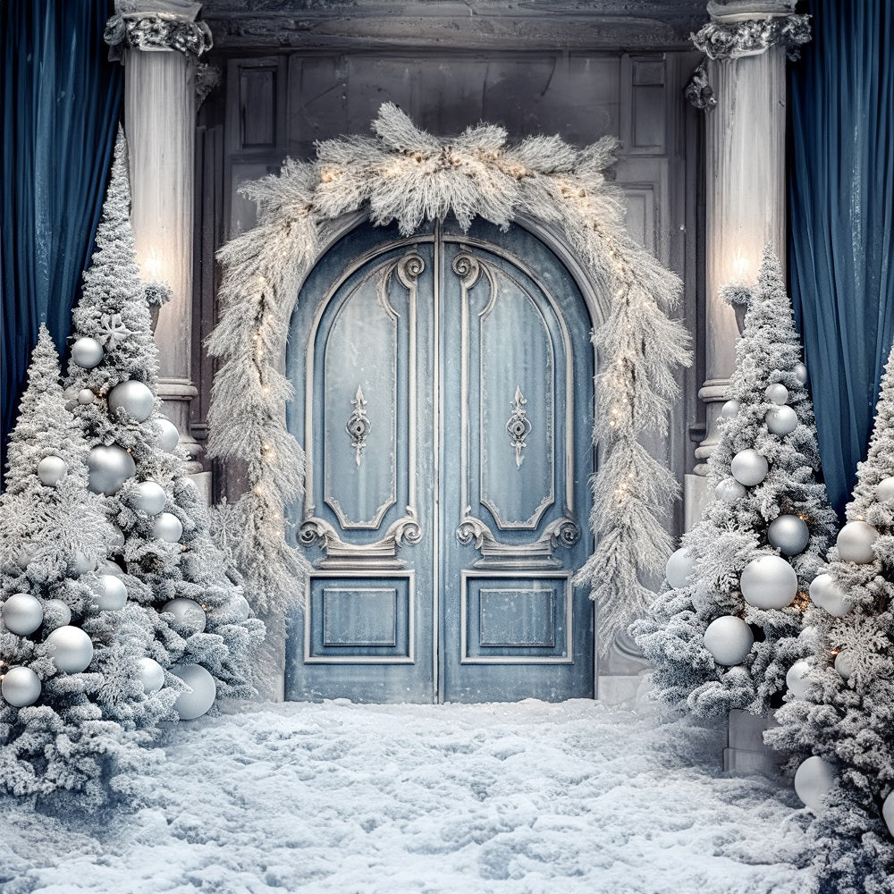Kate Christmas Winter Frosted World Tree Blue Door Backdrop for Photography - Image 4