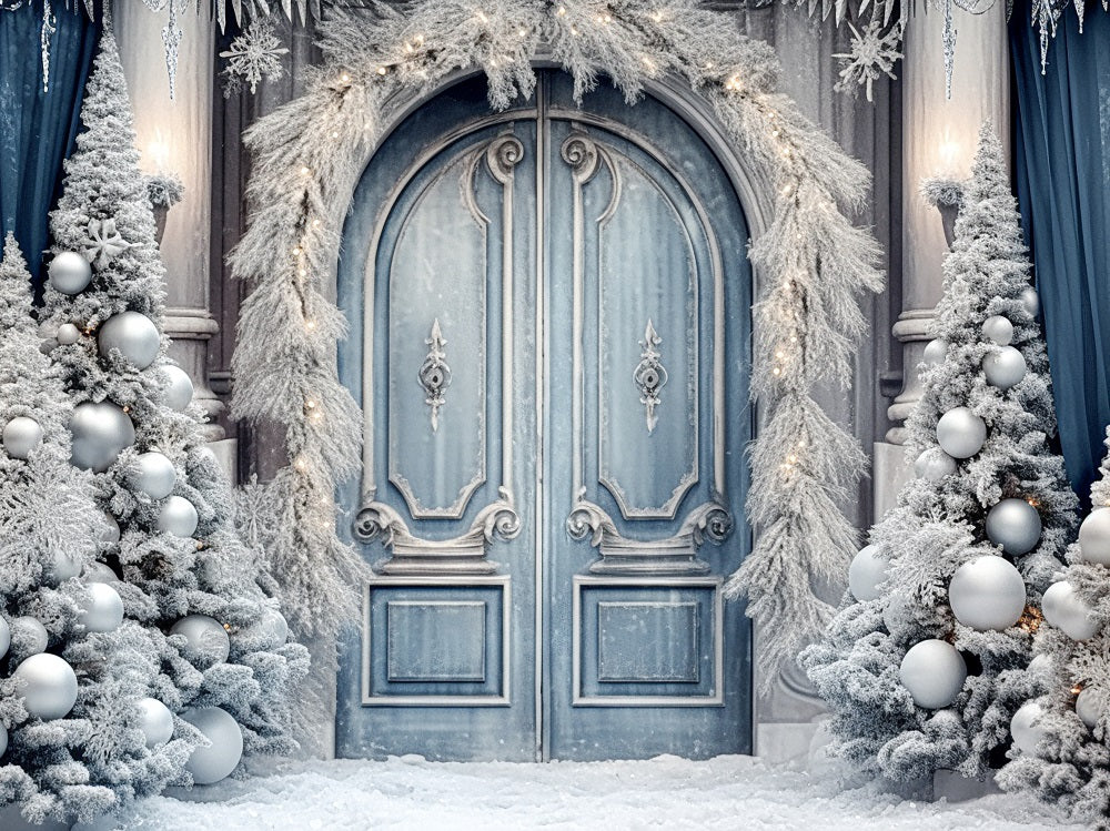 Kate Christmas Winter Frosted World Tree Blue Door Backdrop for Photography - Image 5