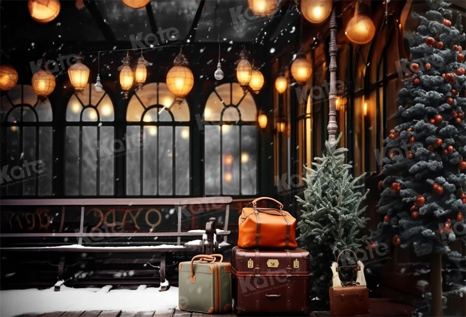 Kate Christmas Winter Train Station Platform Luggage Backdrop for Photography - Image 2