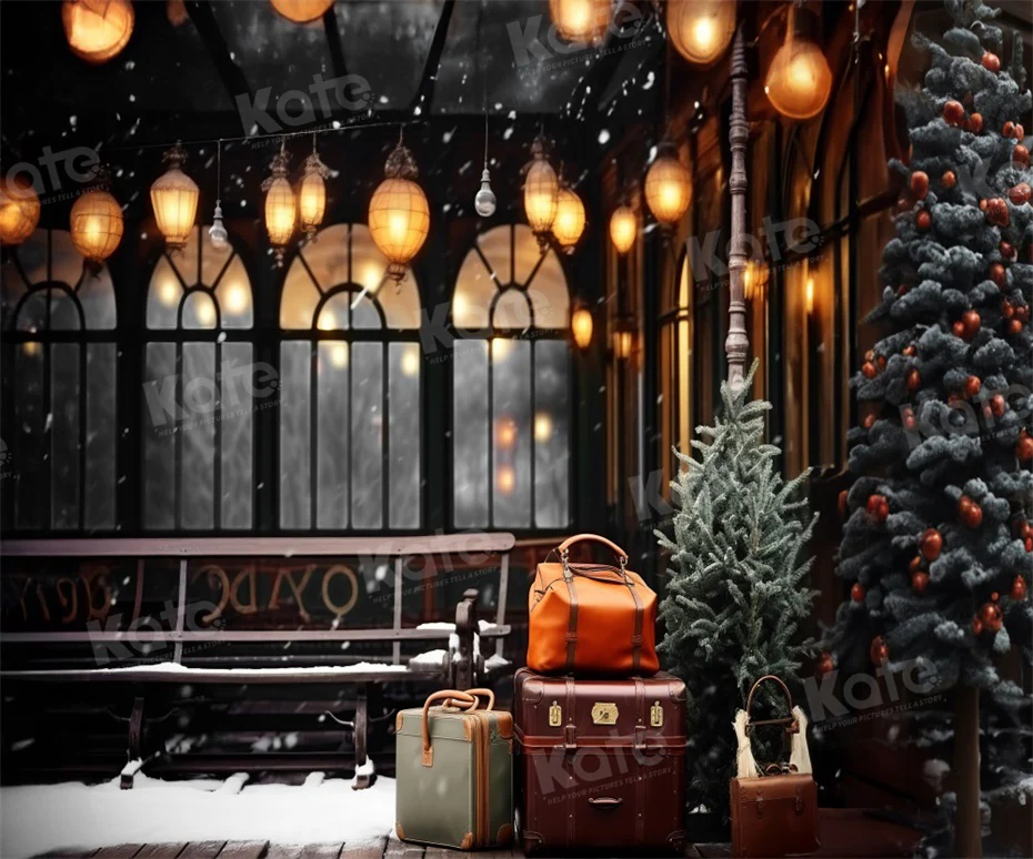 Kate Christmas Winter Train Station Platform Luggage Backdrop for Photography - Image 4