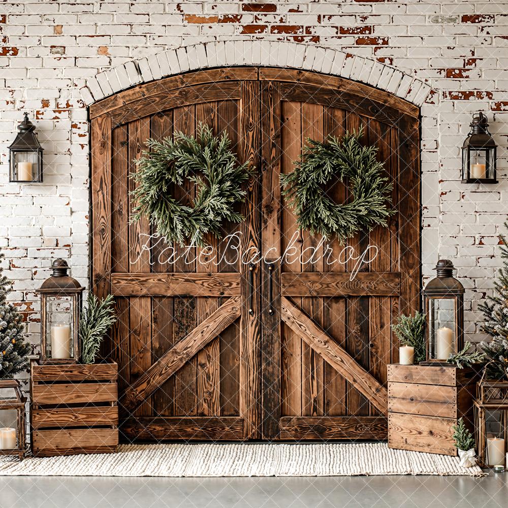 Kate Christmas Wooden Door Brick Wall Trees Backdrop Designed by Emetselch - Image 2