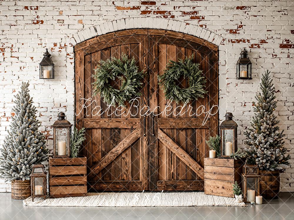 Kate Christmas Wooden Door Brick Wall Trees Backdrop Designed by Emetselch - Image 3
