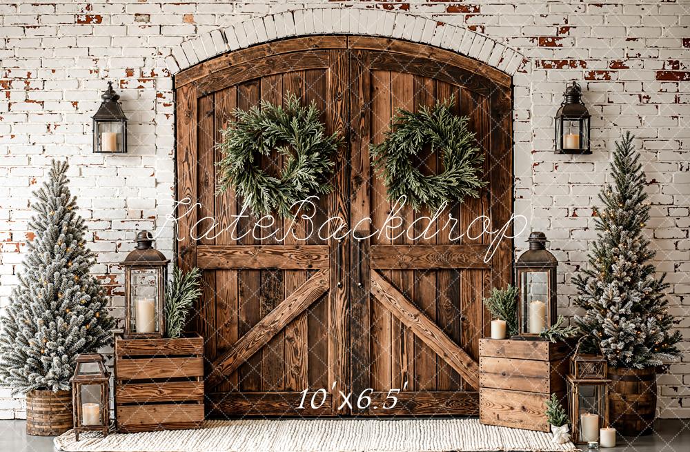 Kate Christmas Wooden Door Trees Fleece Backdrop Designed by Emetselch - Image 2