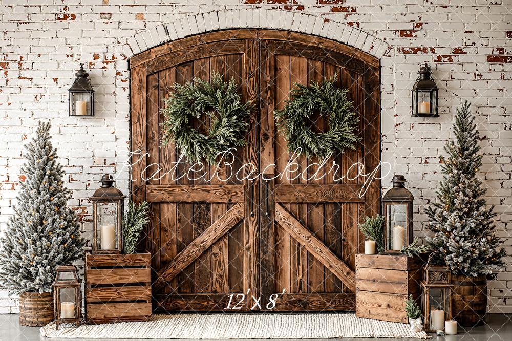 Kate Christmas Wooden Door Trees Fleece Backdrop Designed by Emetselch - Image 4