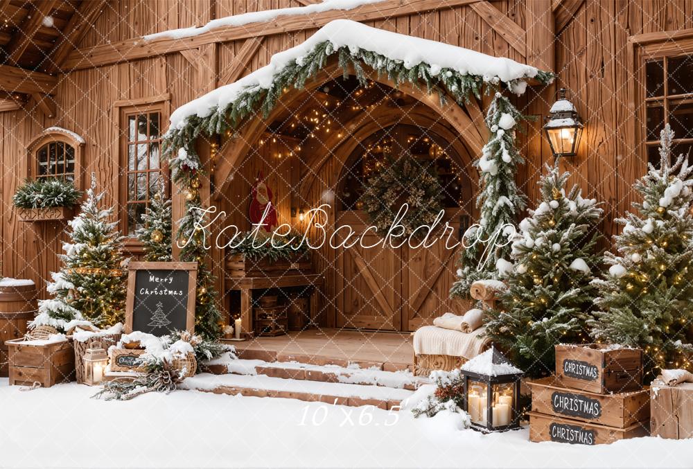 Kate Christmas Wooden House Snow Trees Fleece Backdrop Designed by Emetselch - Image 2