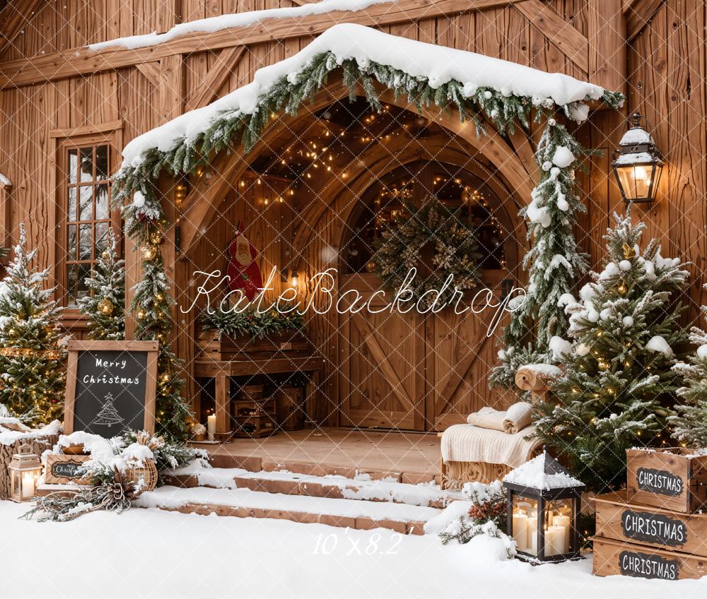 Kate Christmas Wooden House Snow Trees Fleece Backdrop Designed by Emetselch - Image 3