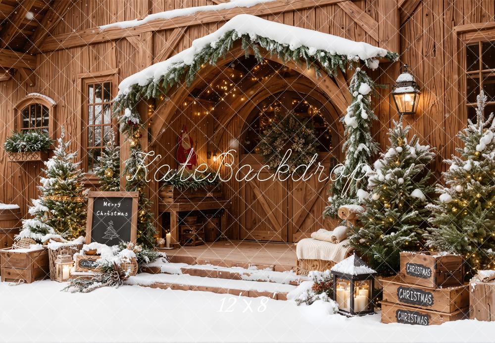 Kate Christmas Wooden House Snow Trees Fleece Backdrop Designed by Emetselch - Image 4