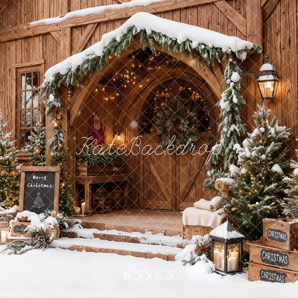 Kate Christmas Wooden Porch Snowy Trees Lanterns Backdrop Designed by Emetselch - Image 2