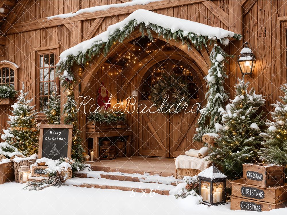 Kate Christmas Wooden Porch Snowy Trees Lanterns Backdrop Designed by Emetselch - Image 3
