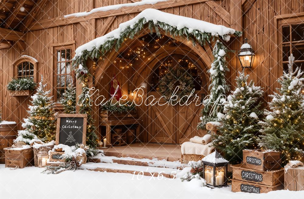Kate Christmas Wooden Porch Snowy Trees Lanterns Backdrop Designed by Emetselch - Image 4