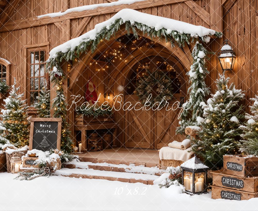 Kate Christmas Wooden Porch Snowy Trees Lanterns Backdrop Designed by Emetselch - Image 6