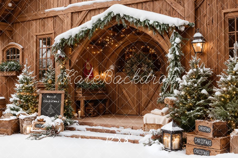 Kate Christmas Wooden Porch Snowy Trees Lanterns Backdrop Designed by Emetselch - Image 8