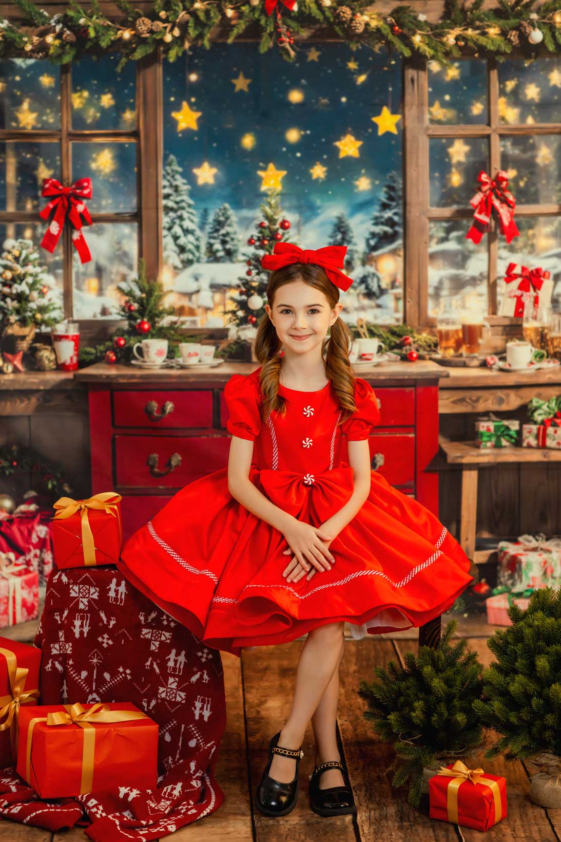 Kate Christmas Wooden Room Red Cabinet Backdrop Designed by Chain Photography - Image 3