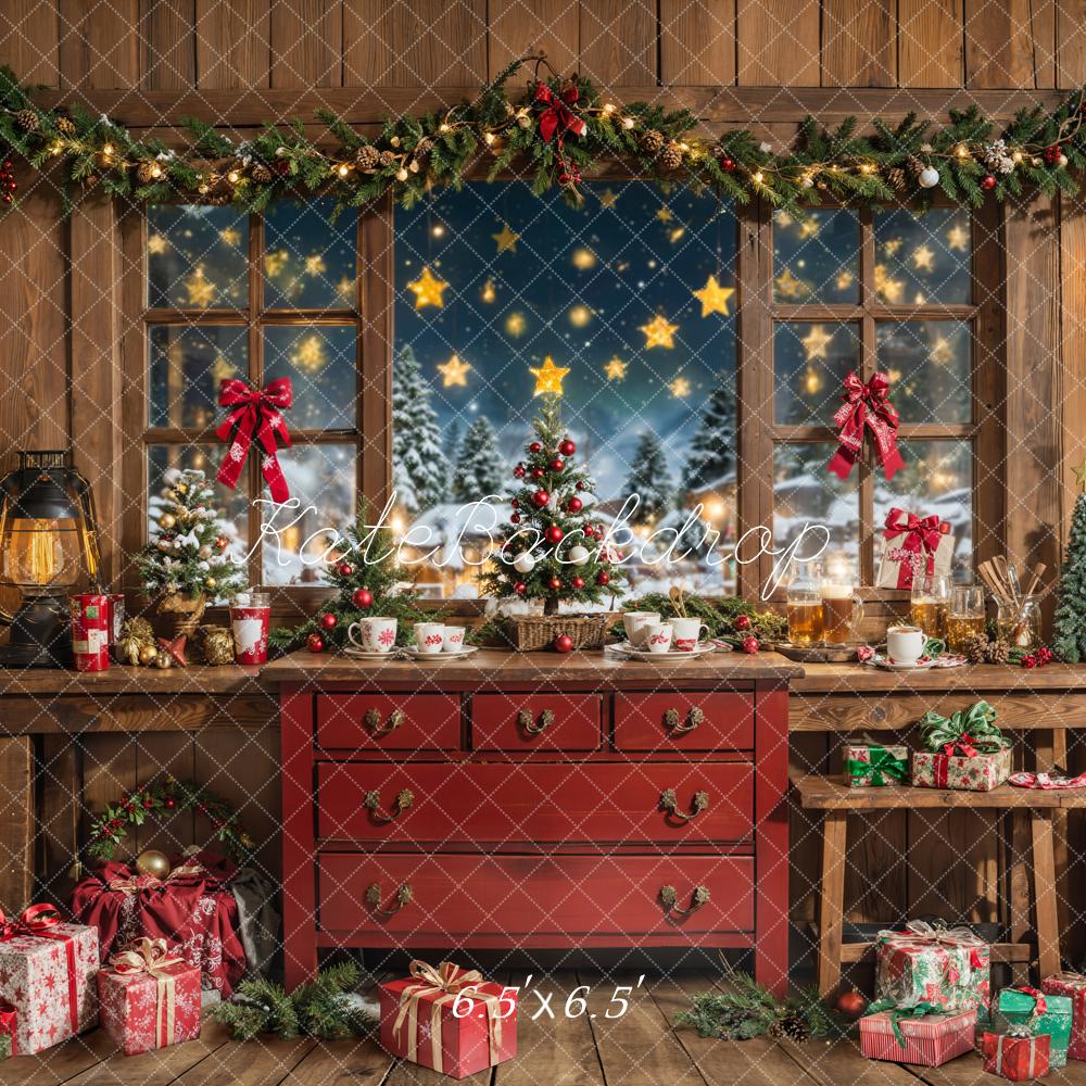 Kate Christmas Wooden Room Red Cabinet Backdrop Designed by Chain Photography - Image 4