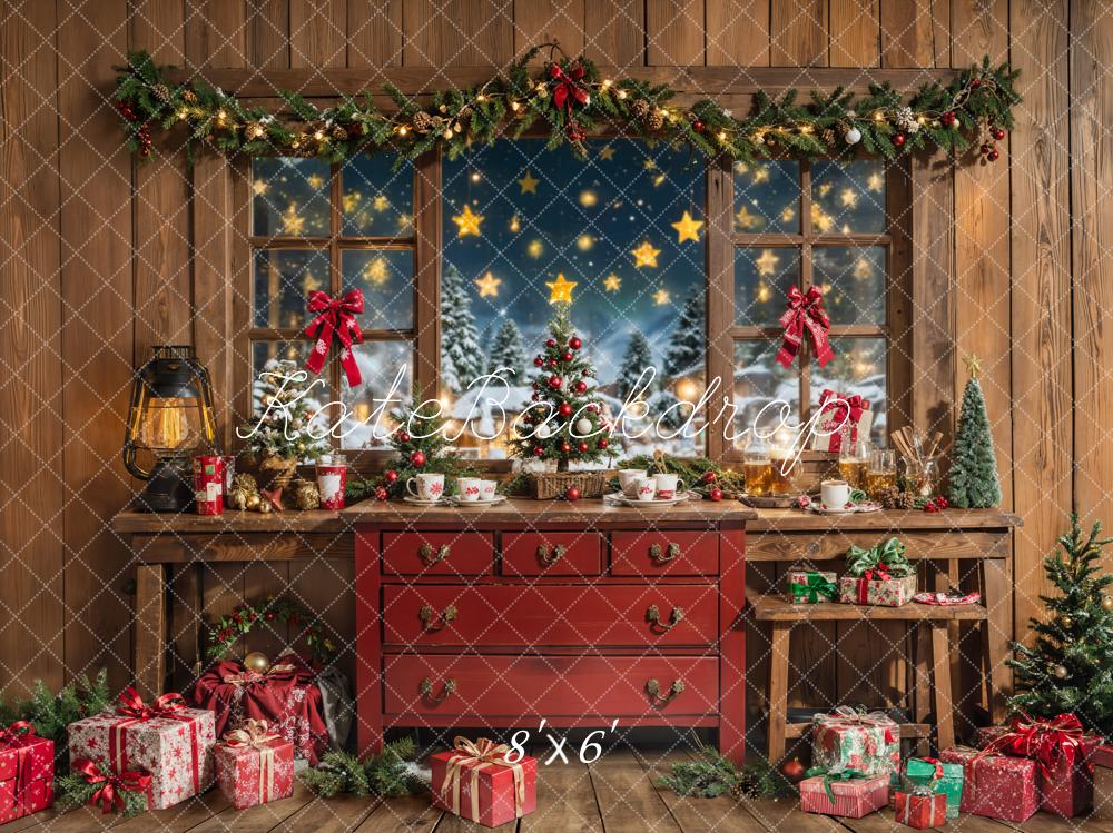 Kate Christmas Wooden Room Red Cabinet Backdrop Designed by Chain Photography - Image 7